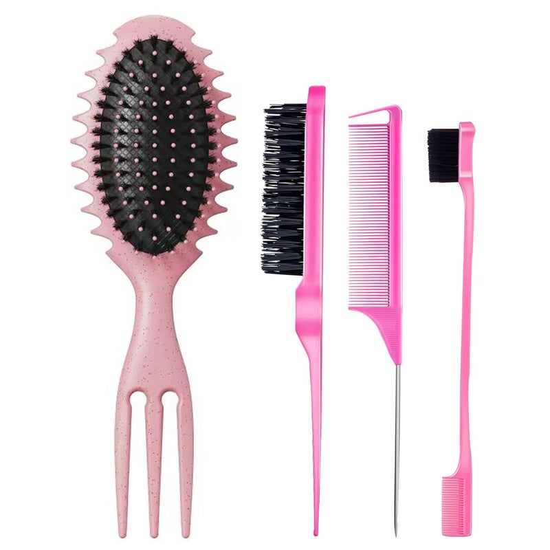 Goiple Curly Hair Brush Boar Bristle Curl Defining Brush for Curl Wave Straight Hair Unique Trident Handle Design Defineing Brush for Wet Dry Hair Styling Massage Hairbrush Hair Pick Comb Edge Brush Pink