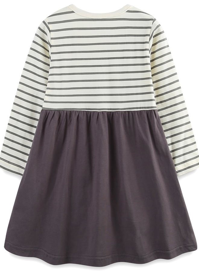 Bumeex Toddler Little Girl's Long Sleeve Dresses Fall Winter Spring Cotton Cute Dress Outfit Casual Clothes Tunic Clothing White/Gray Striped Cat Size 6 - Image 2