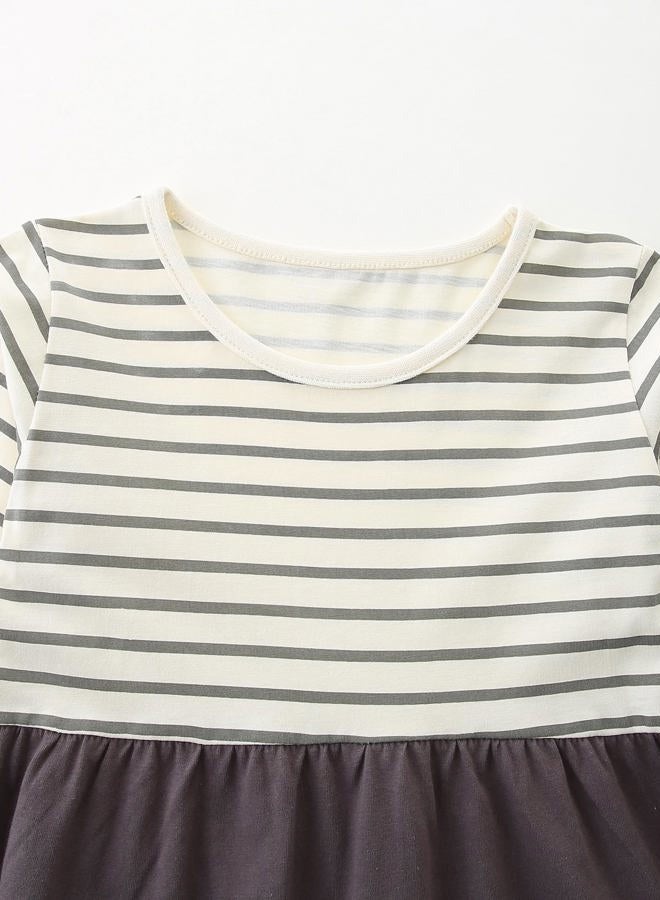 Bumeex Toddler Little Girl's Long Sleeve Dresses Fall Winter Spring Cotton Cute Dress Outfit Casual Clothes Tunic Clothing White/Gray Striped Cat Size 6 - Image 3