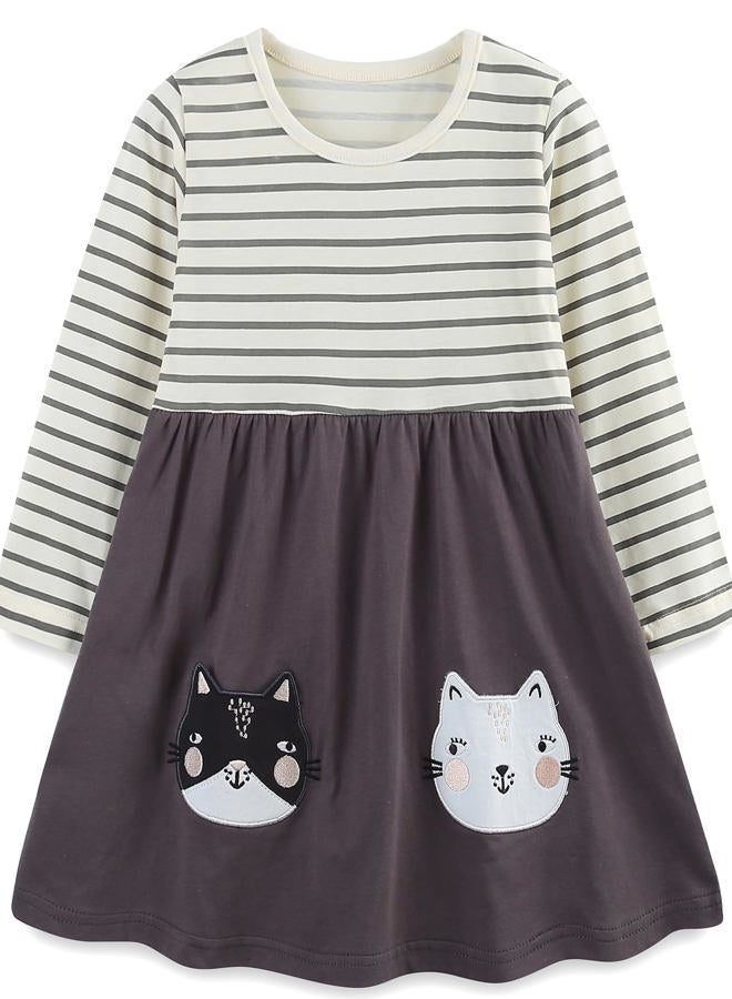 Bumeex Toddler Little Girl's Long Sleeve Dresses Fall Winter Spring Cotton Cute Dress Outfit Casual Clothes Tunic Clothing White/Gray Striped Cat Size 6 - Image 1