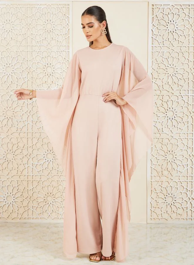 Styli Solid Cape Sleeves Straight Leg Knit Jumpsuit