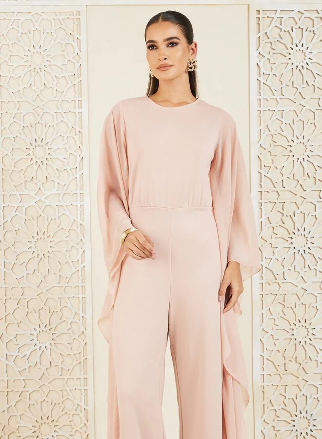 Styli Solid Cape Sleeves Straight Leg Knit Jumpsuit