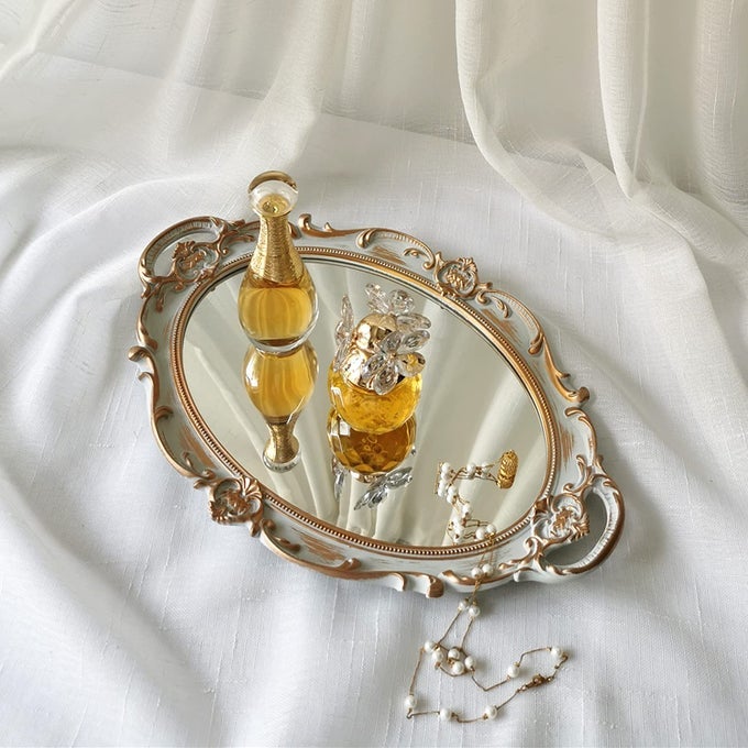 OVAL DECORATIVE MIRROR TRAY FRENCH STYLE MAKEUP ORGANIZER JEWELRY ORGANIZER SERVING TRAY 98X 146 GOLDEN GREY