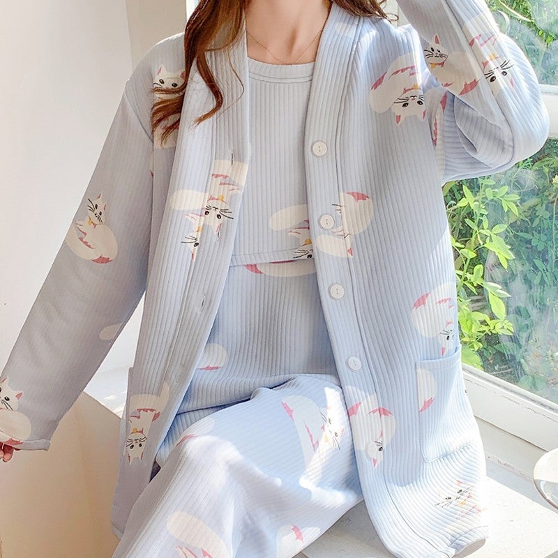 Spring Autumn Maternity Pajamas Set Nursing 835 cute rabbit blue three-piece set
