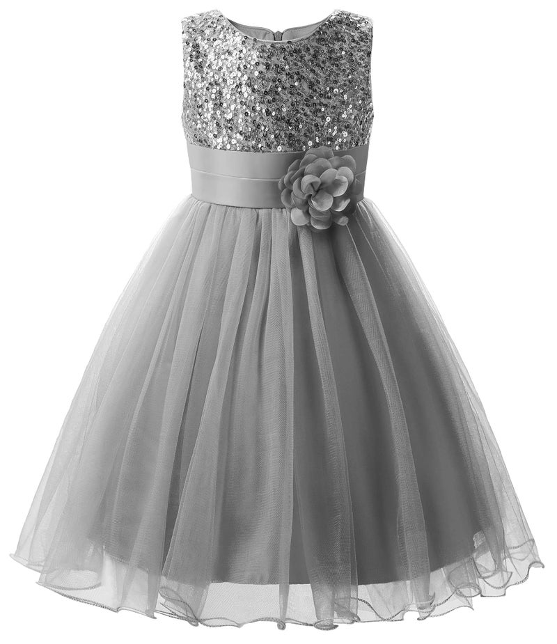 Uhnice Sequin Sleeveless Tulle Mesh Flower Girl Party Dress (5, Sliver Grey) - Image 1