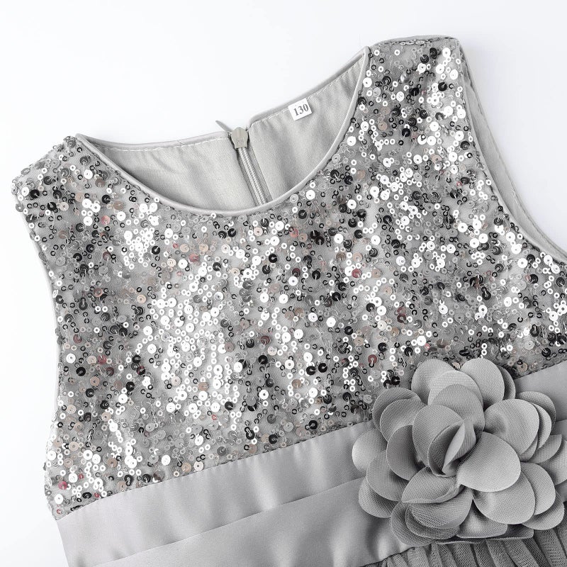 Uhnice Sequin Sleeveless Tulle Mesh Flower Girl Party Dress (5, Sliver Grey) - Image 3