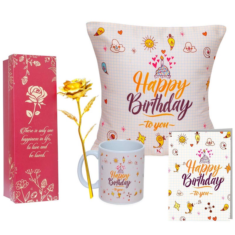 Next Bazaar Next Bazaar Happy Birthday to You Gift for Mother Gift for Birthday Gift for Brother Combo Pack 12 x 12 Cushion Cover with Filler Coffee Mug Greeting Card Key Ring Golden Rose - Image 1