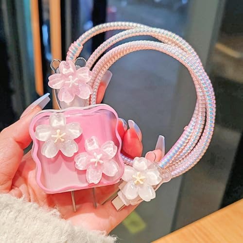 VNJ ACCESSORIES Protective Charger Case for iPhone 18W 20W iPhone 16 15 14 13 12 11 Pro Max Charging Cable Charger Protective Cover Data Cable Protective Sleeve-NEW Pink Flower - Image 2