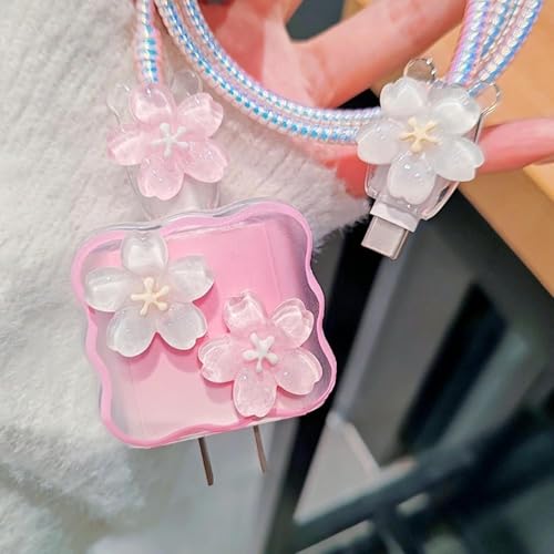 VNJ ACCESSORIES Protective Charger Case for iPhone 18W 20W iPhone 16 15 14 13 12 11 Pro Max Charging Cable Charger Protective Cover Data Cable Protective Sleeve-NEW Pink Flower - Image 5