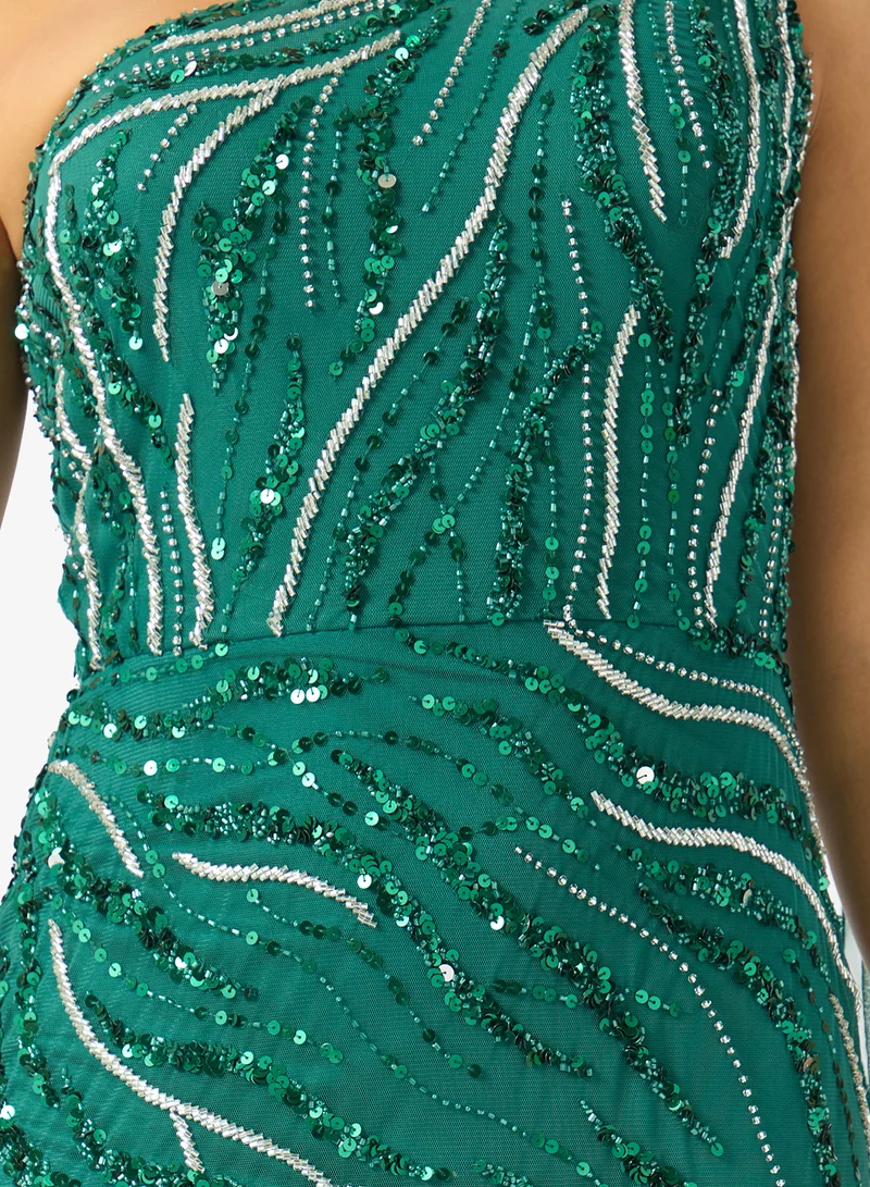 Namshi x  One Shoulder Bead Embellished Evening Gown with Cape Sleeves for Women | Best Price UAE