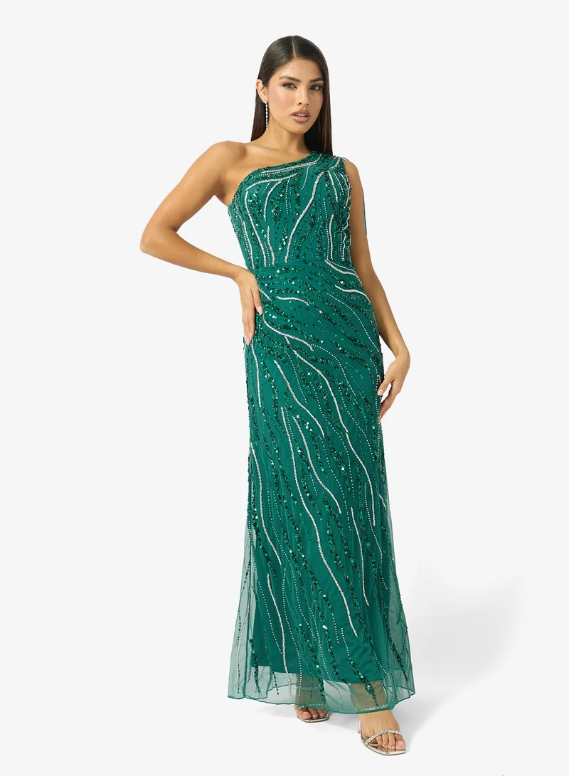 Namshi x  One Shoulder Bead Embellished Evening Gown with Cape Sleeves for Women | Best Price UAE