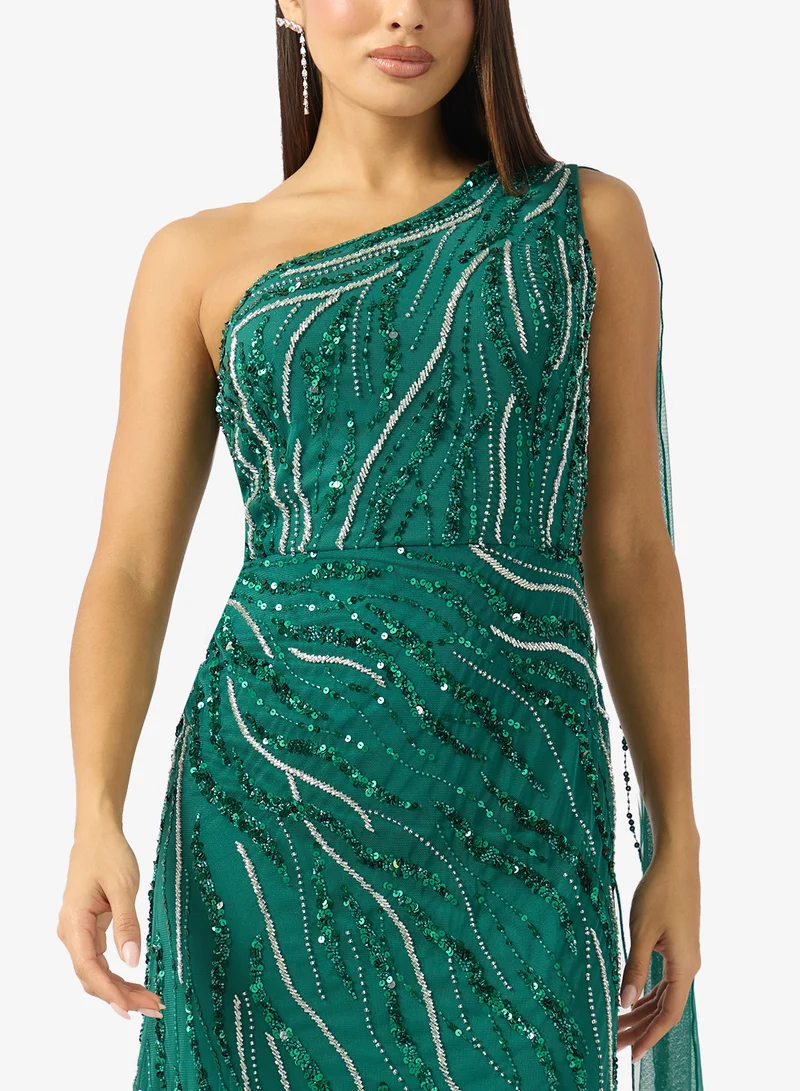 Namshi x  One Shoulder Bead Embellished Evening Gown with Cape Sleeves for Women | Best Price UAE