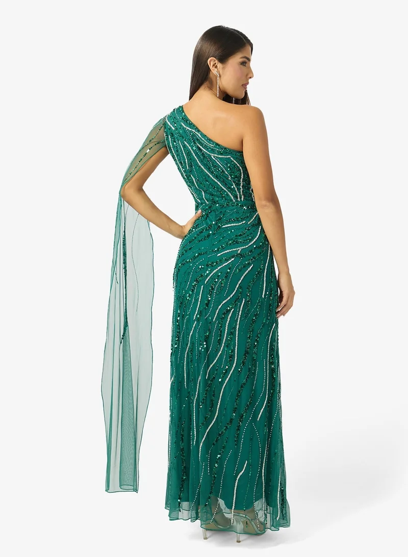 Namshi X One Shoulder Bead Embellished Evening Gown with Cape Sleeves