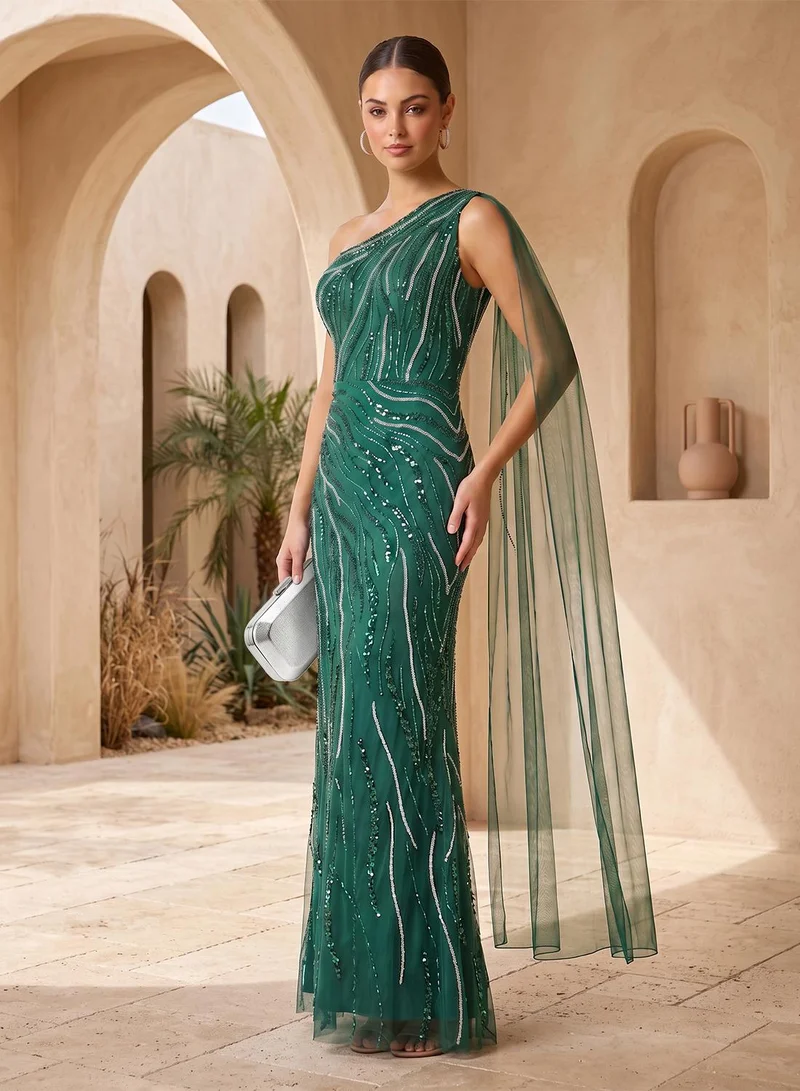 Namshi X One Shoulder Bead Embellished Evening Gown with Cape Sleeves