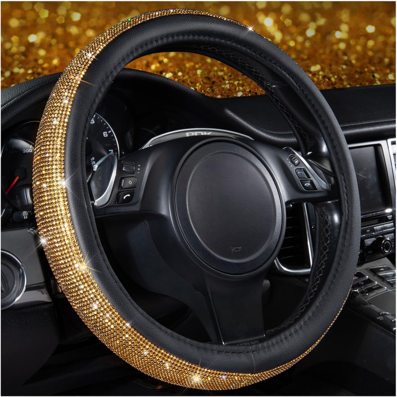 CAR Pass Rhinestones Diamond Bling Steering Wheel Cover Universal Fit for SUVVansSedanCarTruck 14515inch Universal Fit Golden Crystal Glitter for Women Sparkle Girly Sparkling Gold Shining