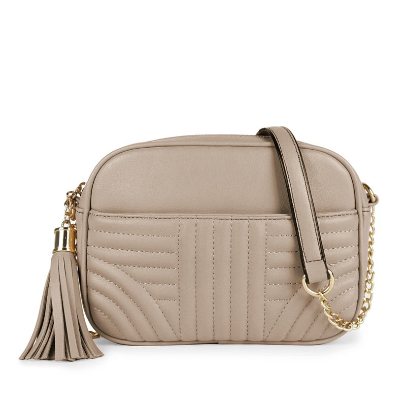 EVVE Quilted Crossbody Bags for Women - Stylish Camera Bag with Tassel - Lightweight Medium Size Shoulder Purse | Sand - Image 1