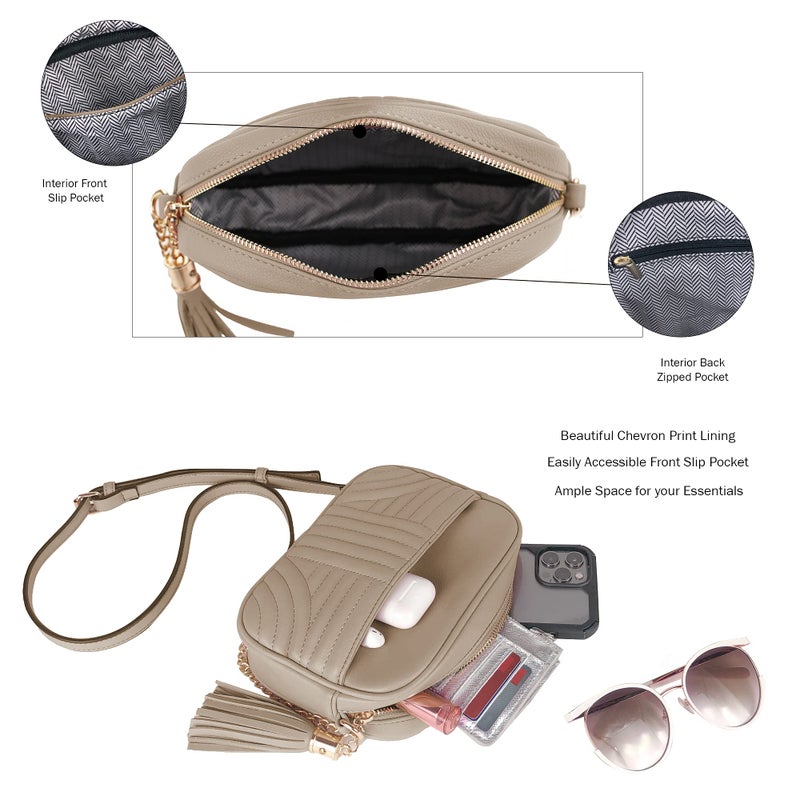 EVVE Quilted Crossbody Bags for Women - Stylish Camera Bag with Tassel - Lightweight Medium Size Shoulder Purse | Sand - Image 4