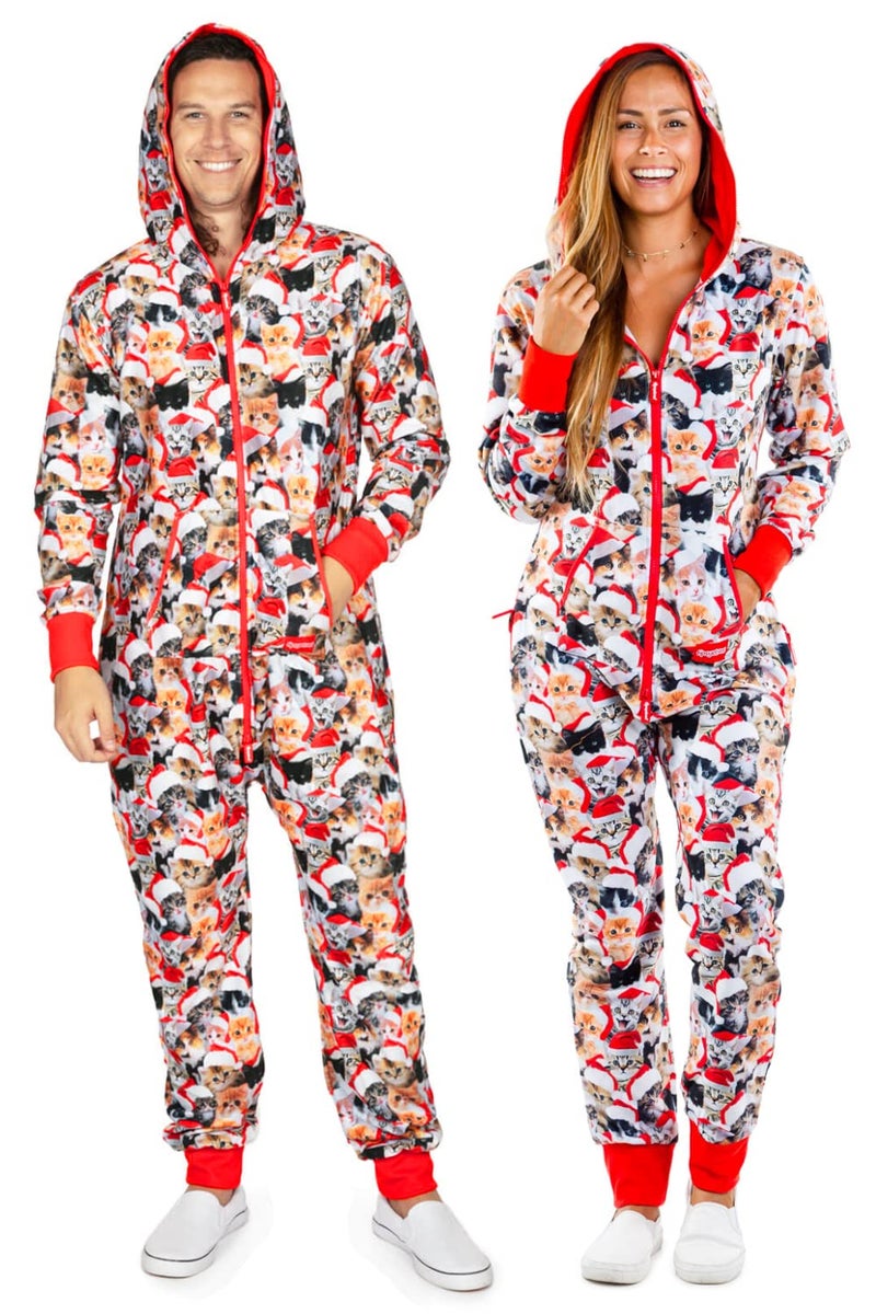 Tipsy Elves Christmas Onesies for Adults - Comfy Unisex Matching Holiday Jumpsuits with Convenient Pockets - Cozy Multicolor Meowy Christmas Christmas Jumpsuit Size XX-Large - Image 1