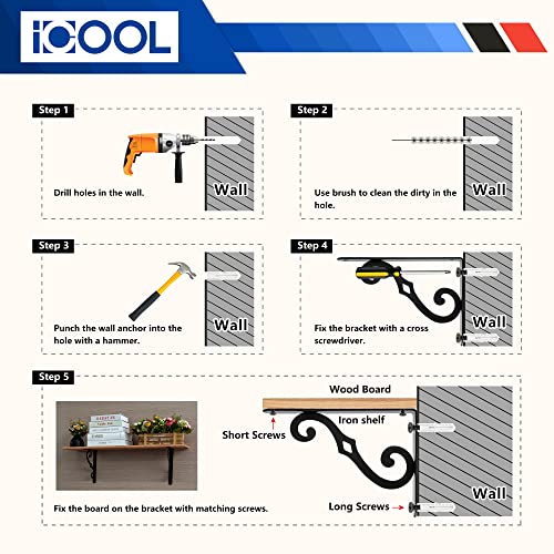 I COOL ICOOL 6 Pack 8 Inch Decorative Shelf Bracket, Heavy Duty DIY Wall Floating Shelf Brackets for Home Warehouse Garage Farm, L Shape Rustic Iron Shelf Supports with Screws - Image 5