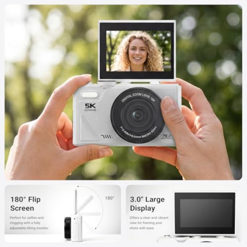 5K Digital Camera for Photography - 75MP WiFi Vlogging Camera for YouTube, Travel Flash Camara for Beginners Adults, UHD 18X Zoom Digital with Flip Screen 3" 180°, 64 GB SD Card, 2 Batteries - Image 5