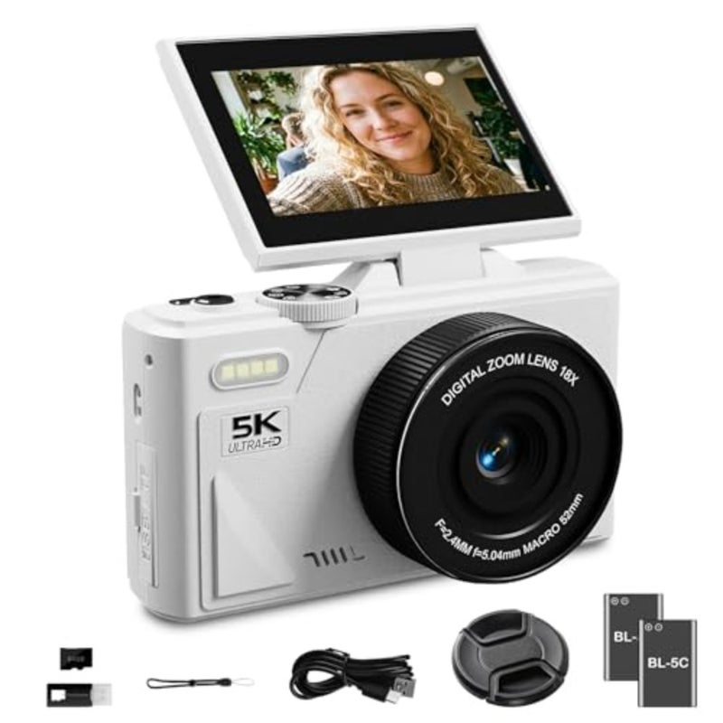 5K Digital Camera for Photography - 75MP WiFi Vlogging Camera for YouTube, Travel Flash Camara for Beginners Adults, UHD 18X Zoom Digital with Flip Screen 3" 180°, 64 GB SD Card, 2 Batteries - Image 1
