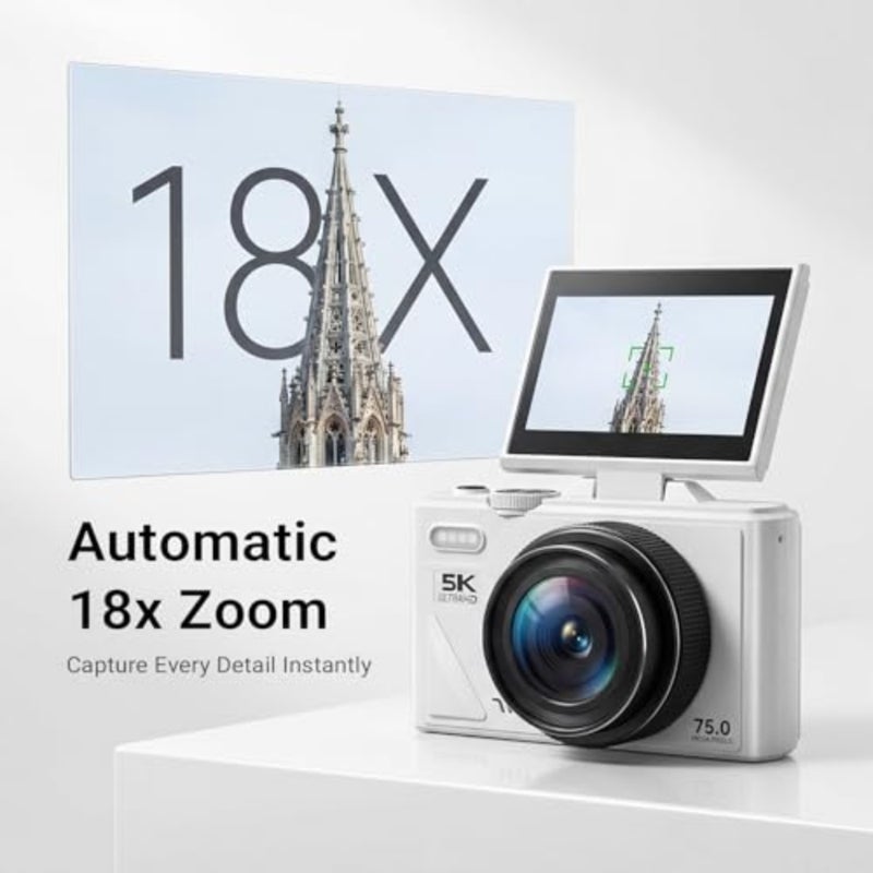5K Digital Camera for Photography - 75MP WiFi Vlogging Camera for YouTube, Travel Flash Camara for Beginners Adults, UHD 18X Zoom Digital with Flip Screen 3" 180°, 64 GB SD Card, 2 Batteries - Image 4