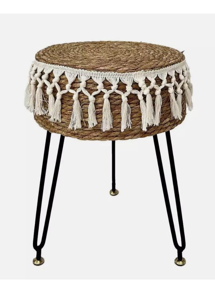 LINGWEI Handcrafted Boho Stool with Tassel Fringe, 45cm Height, Jute Ottoman with Metal Legs - Have 2 Colour Options- Decorative Ottoman Stool - Image 5
