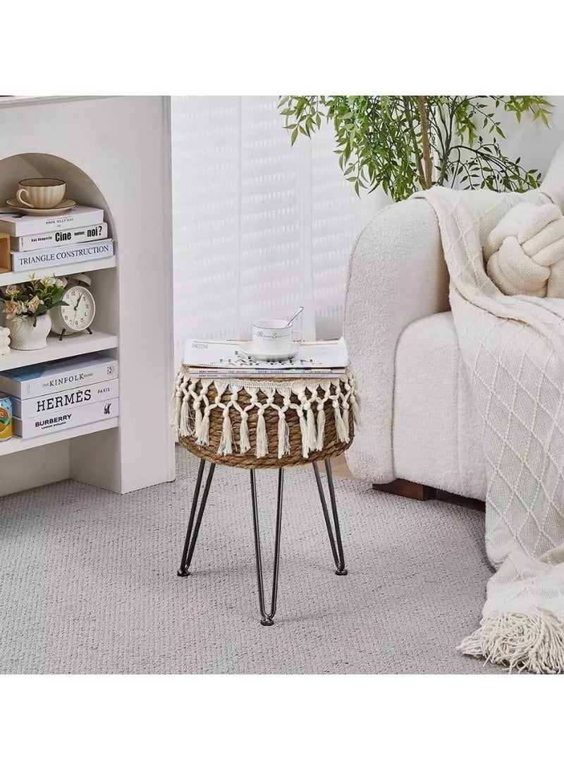 LINGWEI Handcrafted Boho Stool with Tassel Fringe, 45cm Height, Jute Ottoman with Metal Legs - Have 2 Colour Options- Decorative Ottoman Stool - Image 3