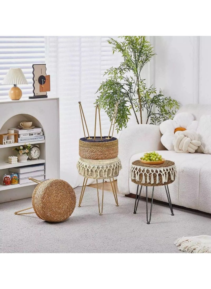 LINGWEI Handcrafted Boho Stool with Tassel Fringe, 45cm Height, Jute Ottoman with Metal Legs - Have 2 Colour Options- Decorative Ottoman Stool - Image 4