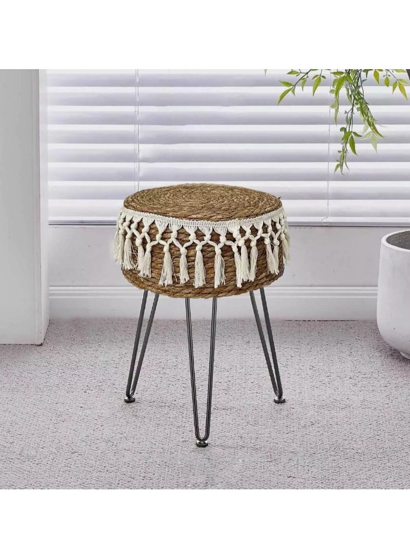 LINGWEI Handcrafted Boho Stool with Tassel Fringe, 45cm Height, Jute Ottoman with Metal Legs - Have 2 Colour Options- Decorative Ottoman Stool - Image 1
