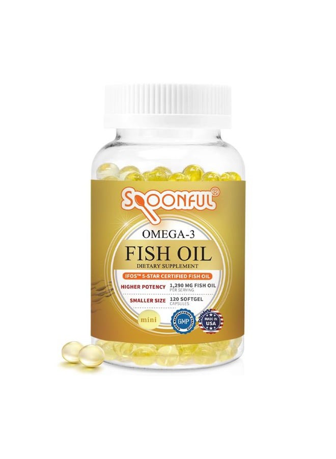 Spoonful Mini Omega 3 Fish Oil, iFOS Certified, 1290 mg Per Serving, 120 Softgels Pearls, Small Size Easy to Swallow Capsules for Women and Seniors, Made in USA - Image 1