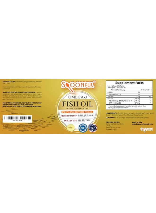 Spoonful Mini Omega 3 Fish Oil, iFOS Certified, 1290 mg Per Serving, 120 Softgels Pearls, Small Size Easy to Swallow Capsules for Women and Seniors, Made in USA - Image 3