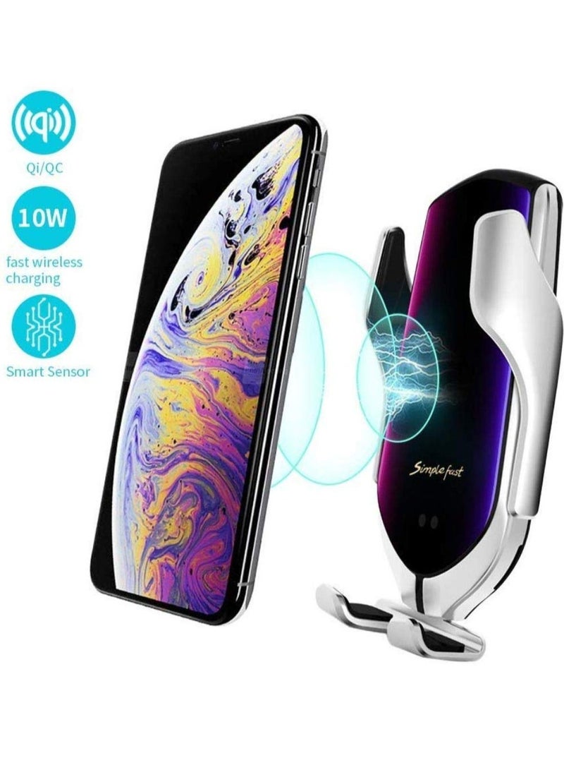 Smart Sensor Usb Wireless Automatic Clamping Qc/Qi 10W Fast Charging Car Mount Charger Holder Compatible For Cellular Phones (Silver) - Image 2