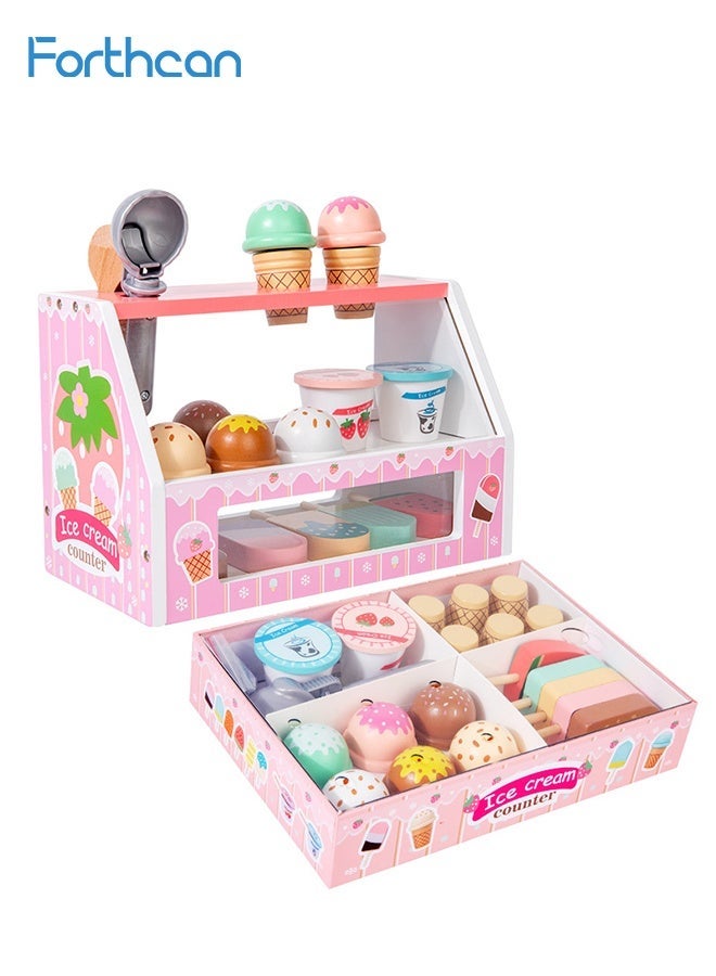 فورثكان مجموعة محل آيس كريم خشبية للأطفال – لعبة تمثيل أدوار محل بيع مع آلة كاشير، مصاصات، أكواب آيس كريم، وأموال – لعبة مطبخ تخيّلية، هدية ممتعة للأطفال - Image 1