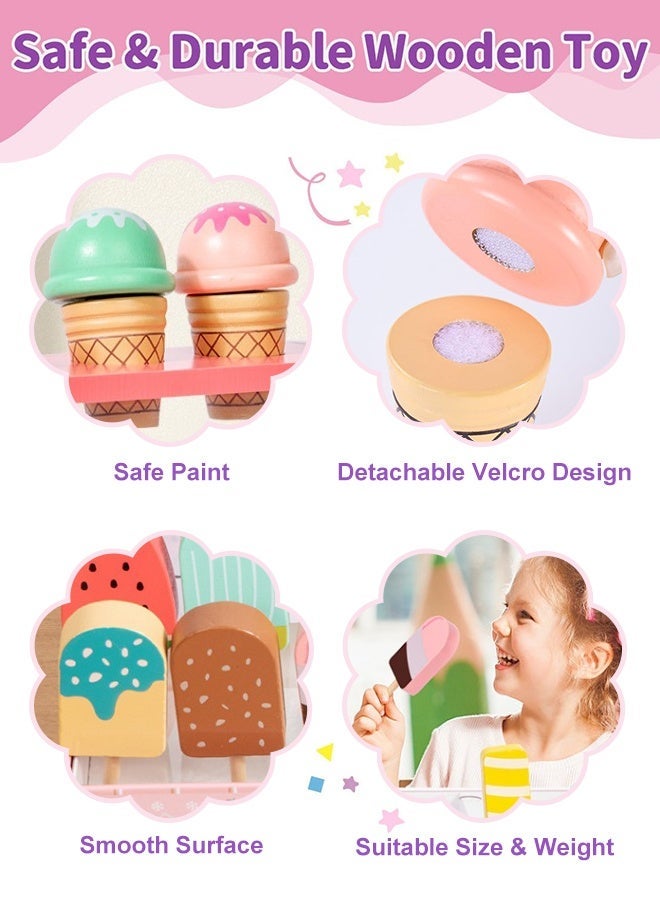 فورثكان مجموعة محل آيس كريم خشبية للأطفال – لعبة تمثيل أدوار محل بيع مع آلة كاشير، مصاصات، أكواب آيس كريم، وأموال – لعبة مطبخ تخيّلية، هدية ممتعة للأطفال - Image 3