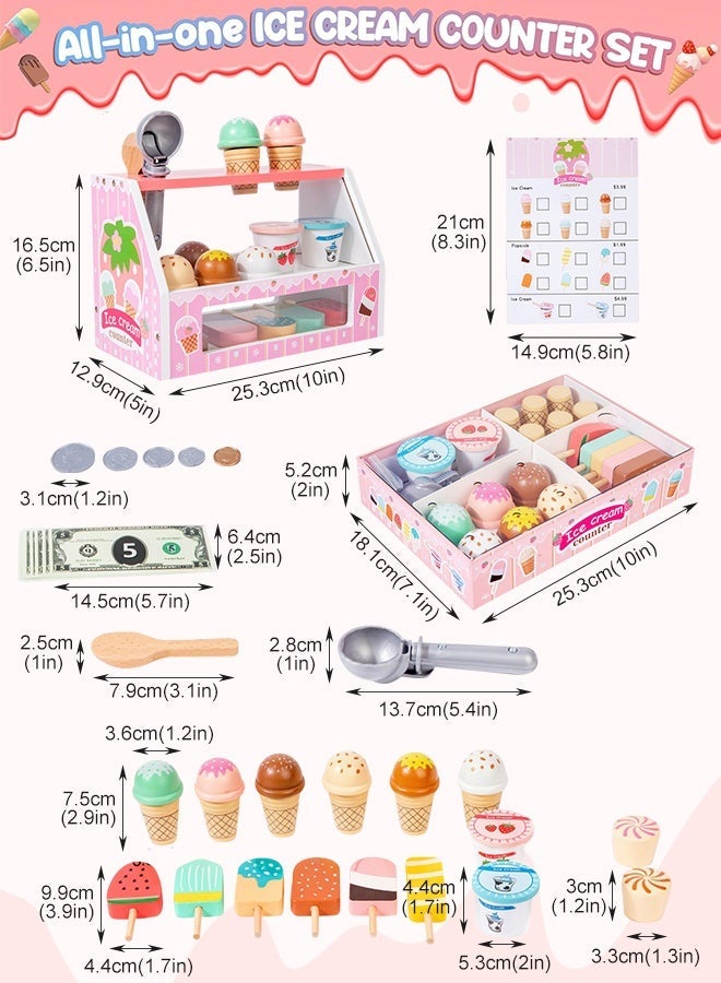 فورثكان مجموعة محل آيس كريم خشبية للأطفال – لعبة تمثيل أدوار محل بيع مع آلة كاشير، مصاصات، أكواب آيس كريم، وأموال – لعبة مطبخ تخيّلية، هدية ممتعة للأطفال - Image 2