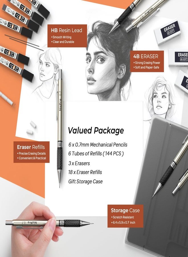 Nicpro 0.7 mm Art Mechanical Pencils Set, 6 PCS Metal Drafting Pencil 0.7mm Tube HB Lead Refills & 18 Cap Eraser for Adults, Children, Artist Writing, Drawing, Sketching, Black, 1 Count (Pack of 6) - Image 5