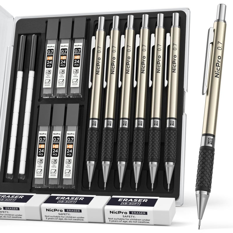 Nicpro 0.7 mm Art Mechanical Pencils Set, 6 PCS Metal Drafting Pencil 0.7mm Tube HB Lead Refills & 18 Cap Eraser for Adults, Children, Artist Writing, Drawing, Sketching, Black, 1 Count (Pack of 6) - Image 1
