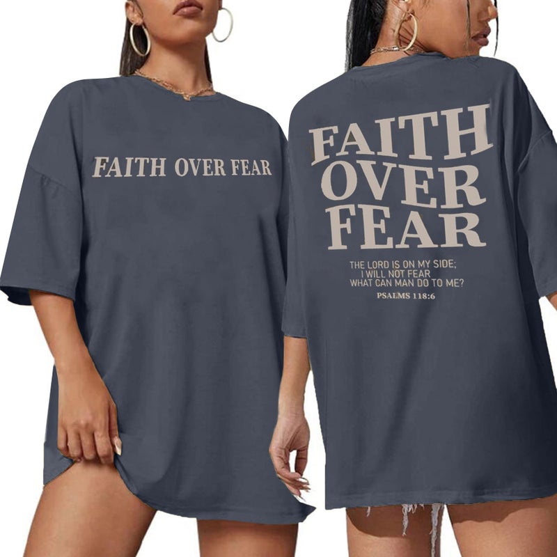 BANGELY Faith Over Fear Shirt Women Graphic Shirts Oversized Workout Gym Christian Religious Tees Drop Shoulder Tee Tops Grey - Image 1