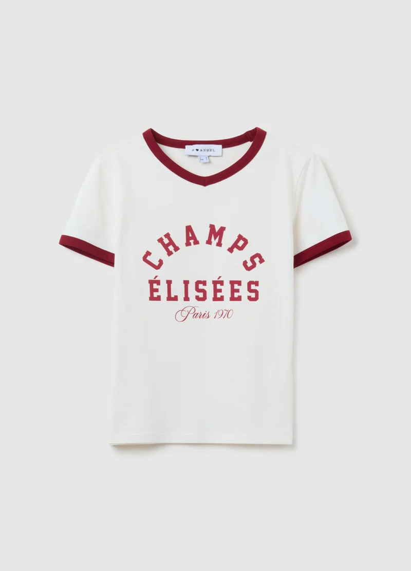 Ovs WHITE STRETCH COTTON REGULAR FIT T-SHIRT WITH RED ACCENTS