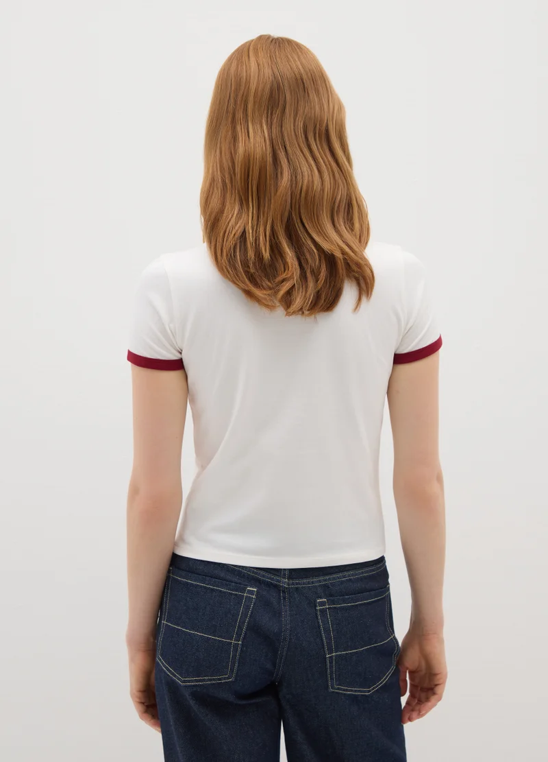 Ovs WHITE STRETCH COTTON REGULAR FIT T-SHIRT WITH RED ACCENTS