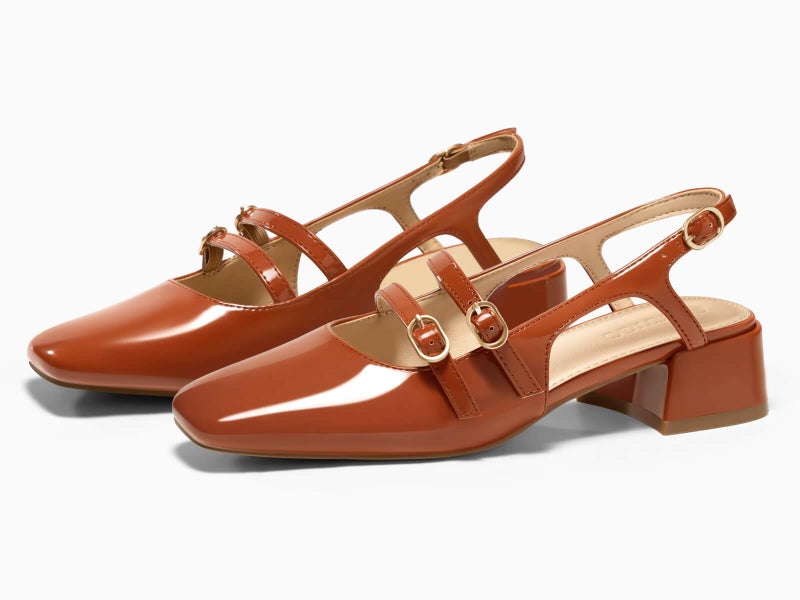 Coutgo Womens Mary Jane Chunky Low Heels Slingback Pumps Closed Square Toe Wedding Dress Shoes, Brown, Size 8 - Image 4