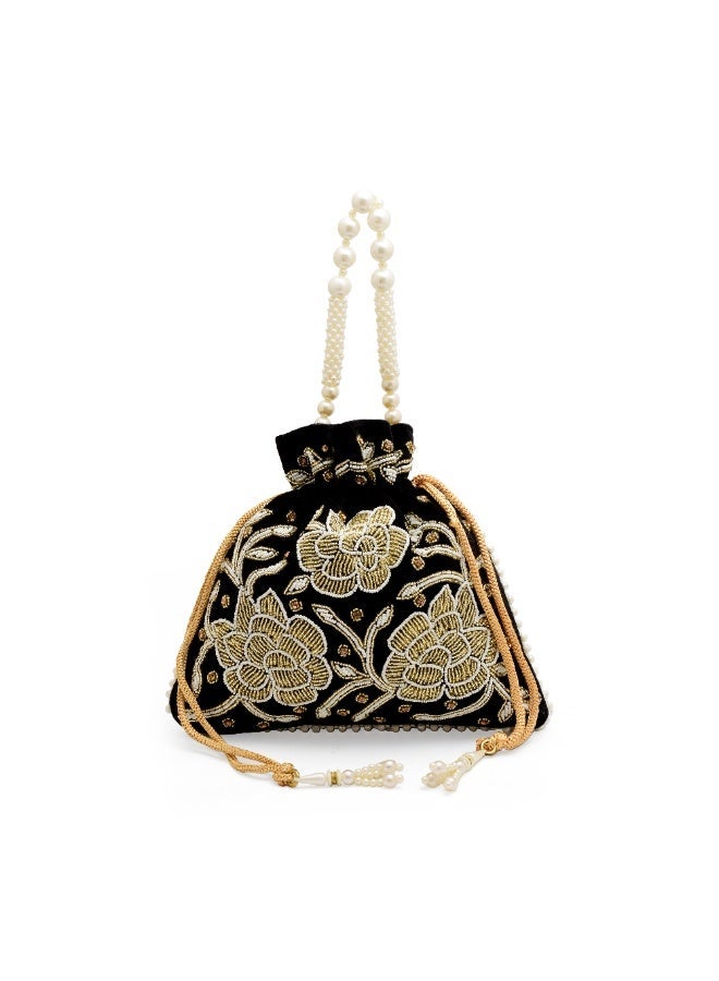 حقيبة بوتلي سوداء حريرية مصنوعة يدوياً للنساء، بتصميم تقليدي، مثالية لحفلات الزفاف والمناسبات الخاصة - Image 1