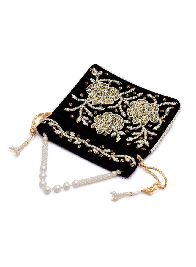 حقيبة بوتلي سوداء حريرية مصنوعة يدوياً للنساء، بتصميم تقليدي، مثالية لحفلات الزفاف والمناسبات الخاصة - Image 3