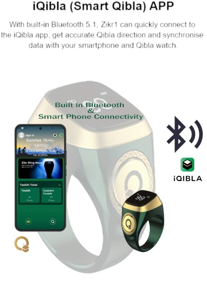 iQIBLA Smart Tasbih Zikr Ring Muslim Prayer Prayer timing reminder OLED display Tasbih Counter Smart Ring Wearable Technology Waterproof Black 20mm USB ((Black)) (Pack Of 1) - Image 5