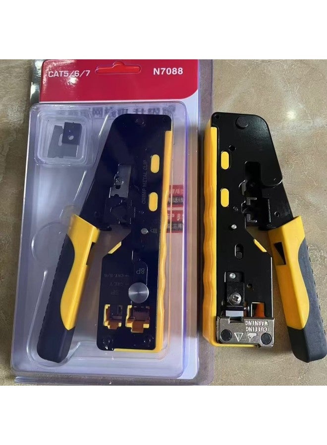 Type 7 Perforated Dovetail Clamp Crystal Head Crimping Pliers Type 7 Through Hole Wire Pliers Type 5/67 Network Terminal Crimping Pliers-Color:Upgraded Yellow And Black Flagship Model (through-hole Tangent Upgrade + Long And Short Blades) - Image 1