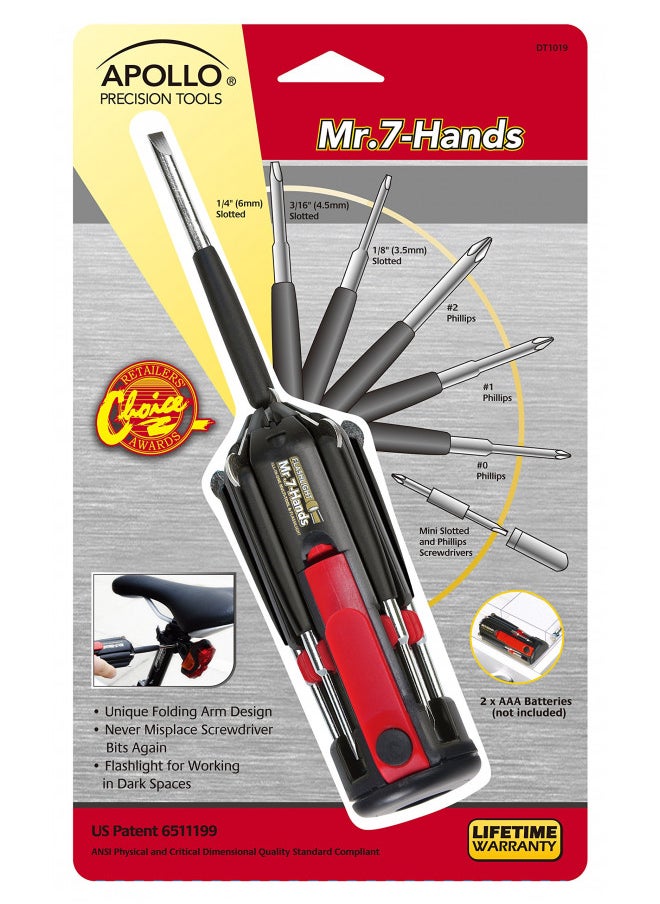 Apollo Tools DT1019 Mr. 7-Hands, Patented, 8 in 1 Screwdrivers with Worklight, red