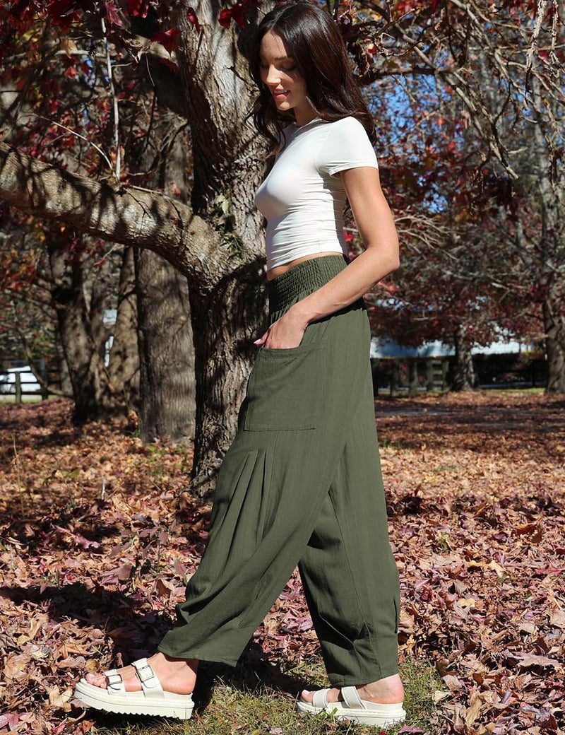 TARSE Womens Linen Palazzo Pants Summer Fall Boho High Waisted Cargo Baggy Loose Casual Harem Pants with Pockets, ArmyGreen, M - Image 3