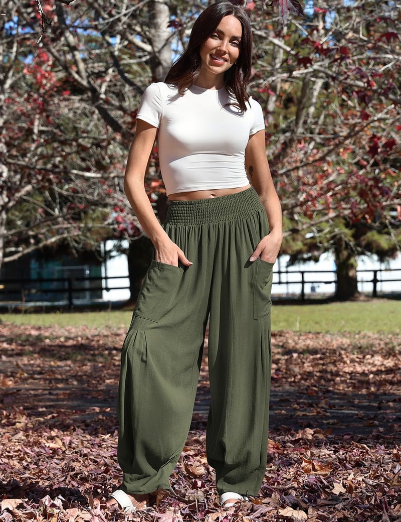 TARSE Womens Linen Palazzo Pants Summer Fall Boho High Waisted Cargo Baggy Loose Casual Harem Pants with Pockets, ArmyGreen, M - Image 2