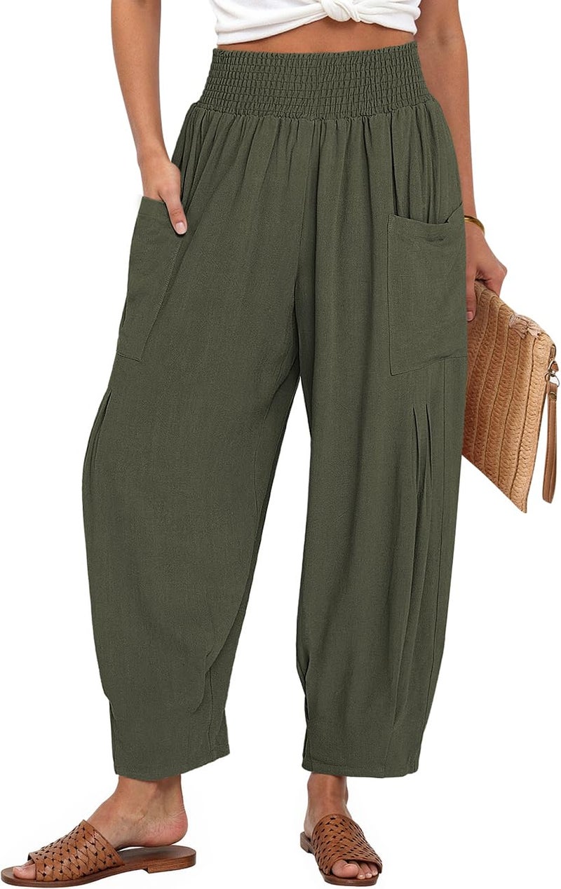 TARSE Womens Linen Palazzo Pants Summer Fall Boho High Waisted Cargo Baggy Loose Casual Harem Pants with Pockets, ArmyGreen, M - Image 1